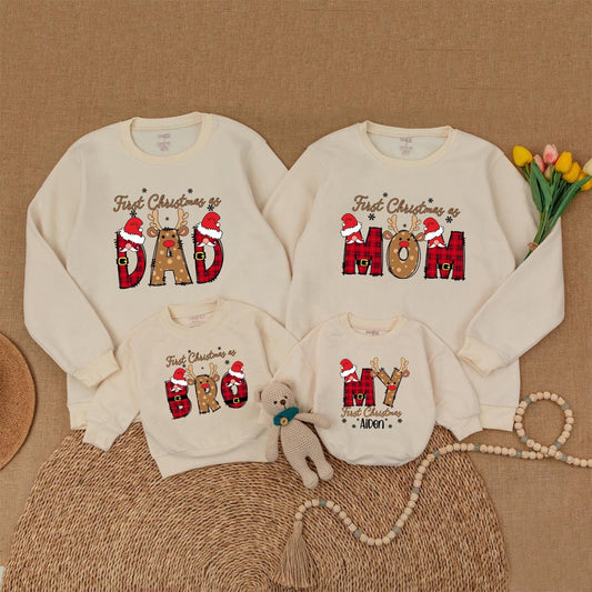 Personalized First Christmas Family Matching Sweaters for Dad Mom Bro Baby with Plaid Antlers Santa Hats & Snowflakes Festive Holiday Outfits