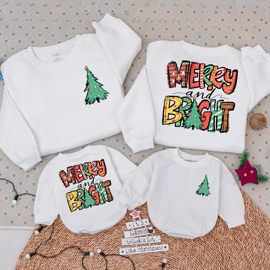 2-Sided Merry and Bright Christmas Sweatshirt for Family Holidays, Cozy Womens Tree & Hand-Drawn Pattern Outfit