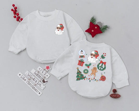 Vintage Santa Baby Bubble Romper Retro Christmas First Holiday Outfit, Fun Sunglasses Claus, Gingerbread Man, Festive Tree Lights Print Newborn Gift