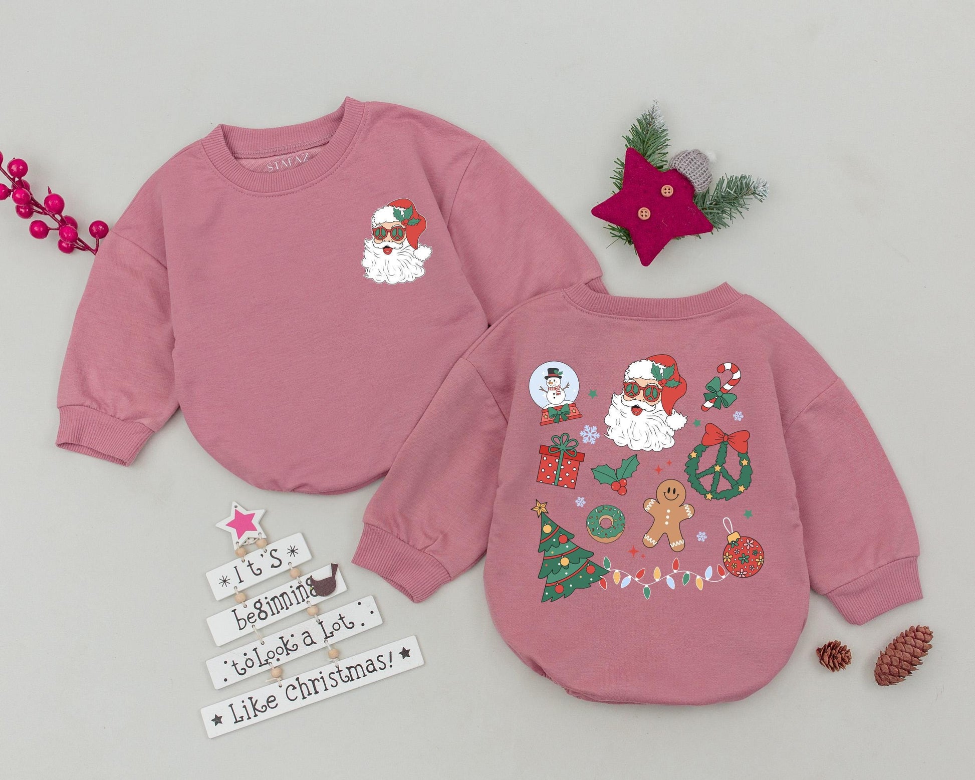 Vintage Santa Baby Bubble Romper Retro Christmas First Holiday Outfit, Fun Sunglasses Claus, Gingerbread Man, Festive Tree Lights Print Newborn Gift