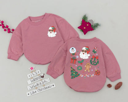 Vintage Santa Baby Bubble Romper Retro Christmas First Holiday Outfit, Fun Sunglasses Claus, Gingerbread Man, Festive Tree Lights Print Newborn Gift