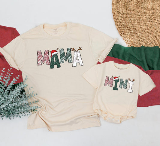 Matching Mama and Mini Christmas Shirts, Festive Holiday Family Outfit, Reindeer Antlers & Santa Hat, Mom and Baby, Year-End Holiday Gift, Winter Outfit