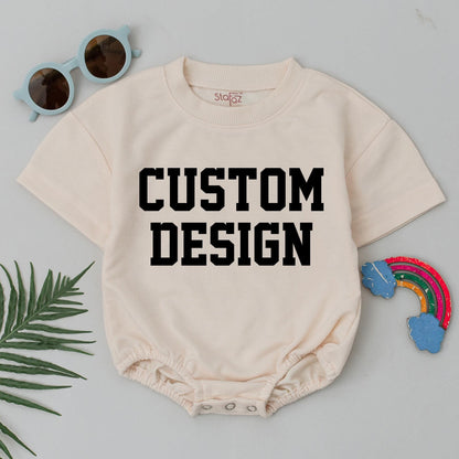 Custom Baby Bubble Romper with Blocky Black 'CUSTOM DESIGN' Print for Girl Boy Birthday Spring Outfit Short Sleeve Natural Cotton