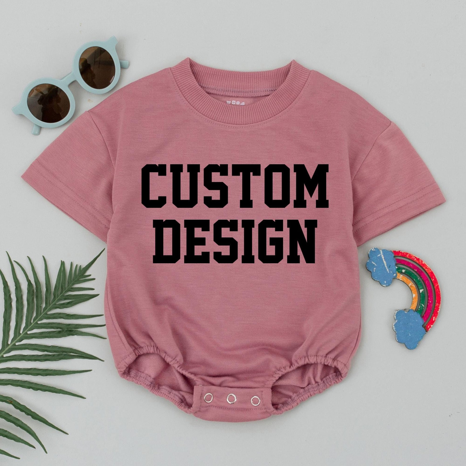 Custom Baby Bubble Romper with Blocky Black 'CUSTOM DESIGN' Print for Girl Boy Birthday Spring Outfit Short Sleeve Natural Cotton