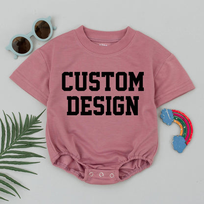 Custom Baby Bubble Romper with Blocky Black 'CUSTOM DESIGN' Print for Girl Boy Birthday Spring Outfit Short Sleeve Natural Cotton