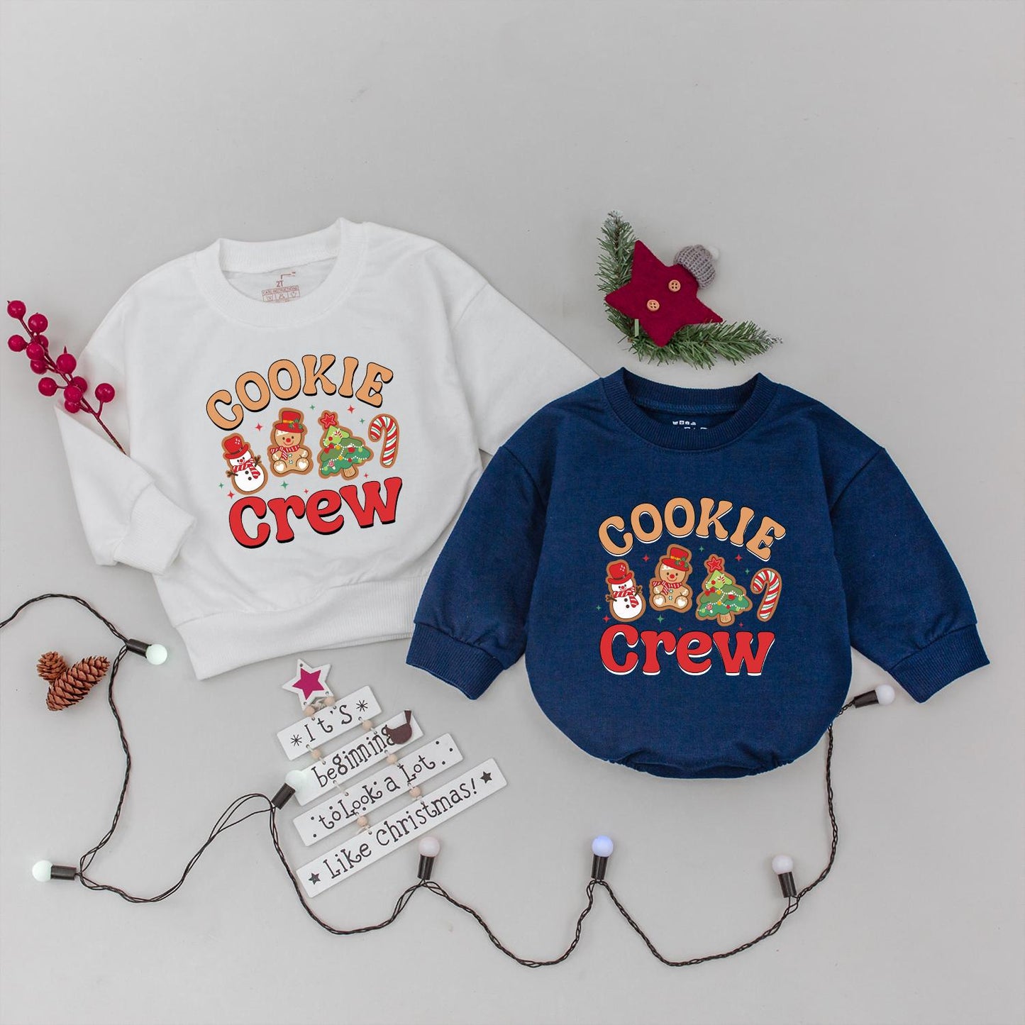 Cheerful Cookie Crew Christmas Sweatshirt perfect for Family Baking Fun featuring Snowman Gingerbread Tree Candy Cane Graphics a cozy Holiday Gift for Baby & Kids