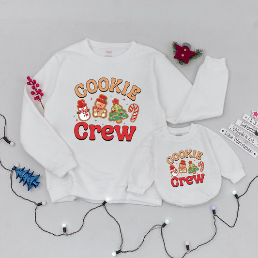Cheerful Cookie Crew Christmas Sweatshirt perfect for Family Baking Fun featuring Snowman Gingerbread Tree Candy Cane Graphics a cozy Holiday Gift for Baby & Kids