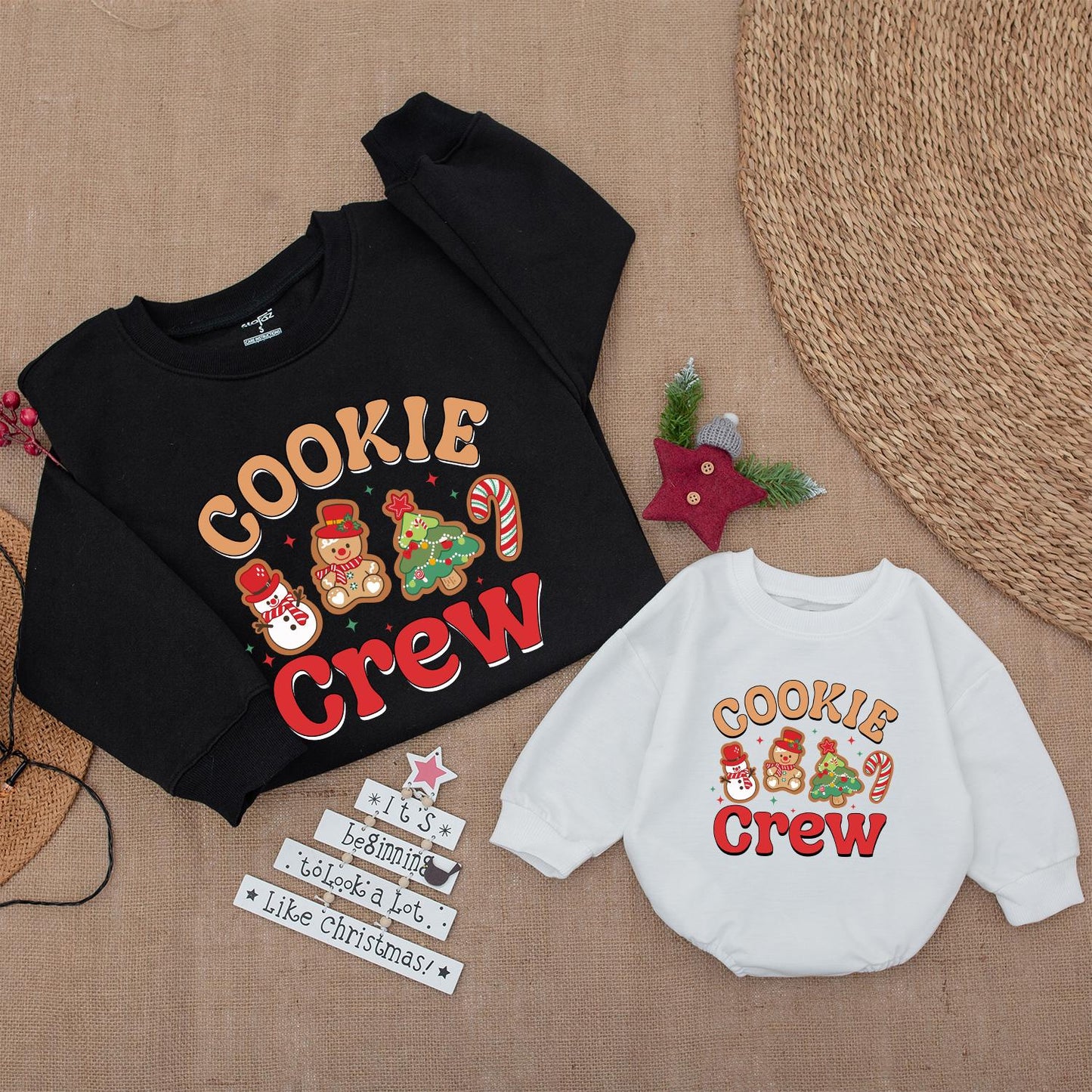 Cheerful Cookie Crew Christmas Sweatshirt perfect for Family Baking Fun featuring Snowman Gingerbread Tree Candy Cane Graphics a cozy Holiday Gift for Baby & Kids
