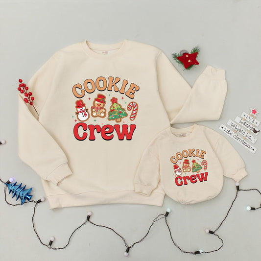 Cheerful Cookie Crew Christmas Sweatshirt perfect for Family Baking Fun featuring Snowman Gingerbread Tree Candy Cane Graphics a cozy Holiday Gift for Baby & Kids