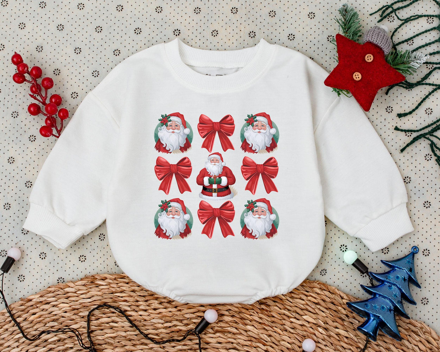 Charming Vintage Santa Christmas Bubble Romper for Baby Girl & Boy, First Holiday Outfit, Soft Infant Sweatshirt Style Shower Gift with Holly Bow