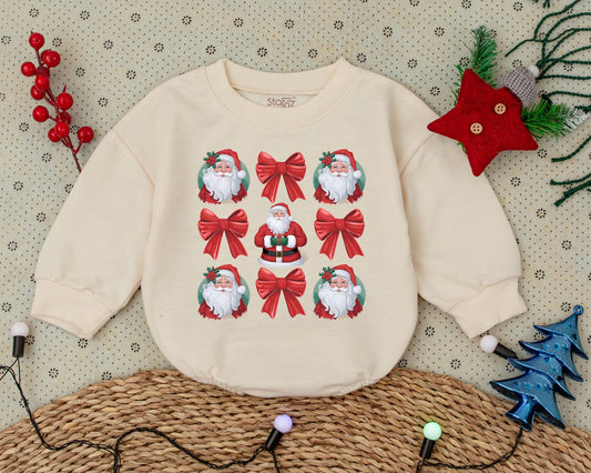 Charming Vintage Santa Christmas Bubble Romper for Baby Girl & Boy, First Holiday Outfit, Soft Infant Sweatshirt Style Shower Gift with Holly Bow