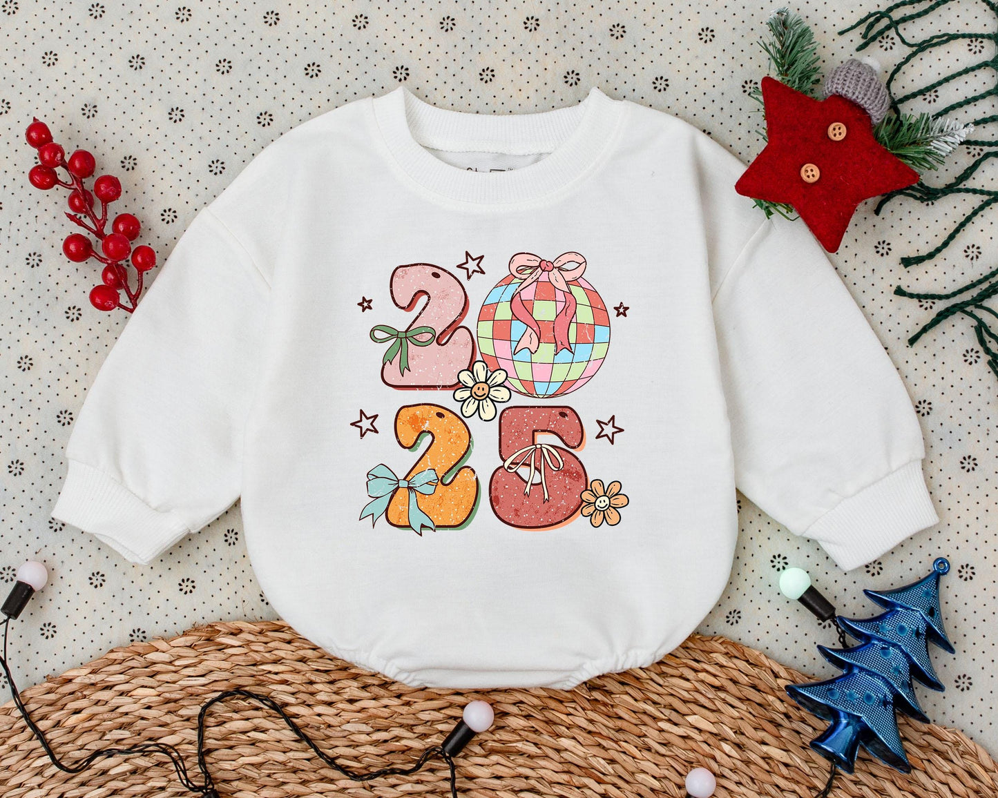 Pink Disco Ball 2025 First Christmas Baby Romper Retro Daisy Star Print Boy Girl Clothes Vintage Bubble Bodysuit Toddler Shower Gift