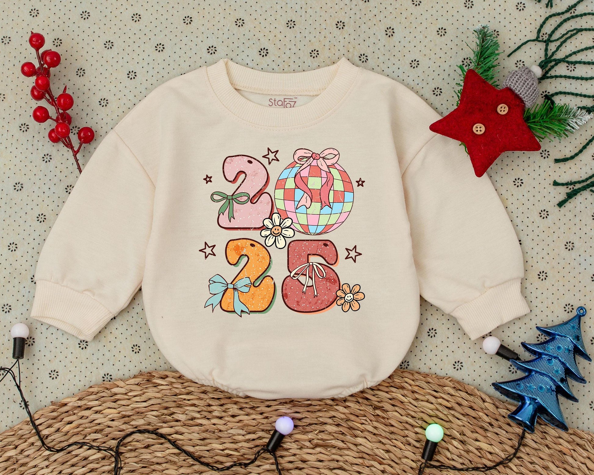Pink Disco Ball 2025 First Christmas Baby Romper Retro Daisy Star Print Boy Girl Clothes Vintage Bubble Bodysuit Toddler Shower Gift