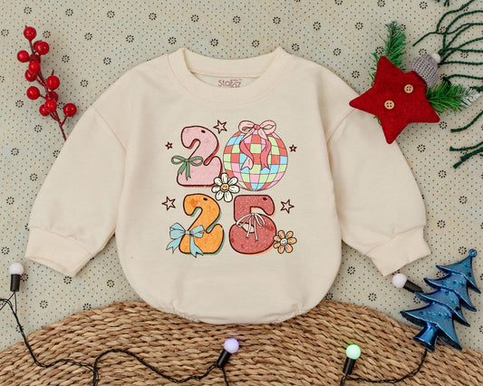 Pink Disco Ball 2025 First Christmas Baby Romper Retro Daisy Star Print Boy Girl Clothes Vintage Bubble Bodysuit Toddler Shower Gift
