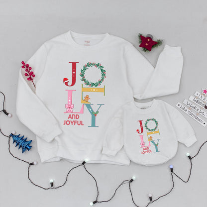 Jolly and Joyful Christmas Sweatshirt Family Matching Outfit, Retro Xmas Crewneck for Women & Kids, Holiday Gift, Fun Winter Sweater, Colorful Jolly Design