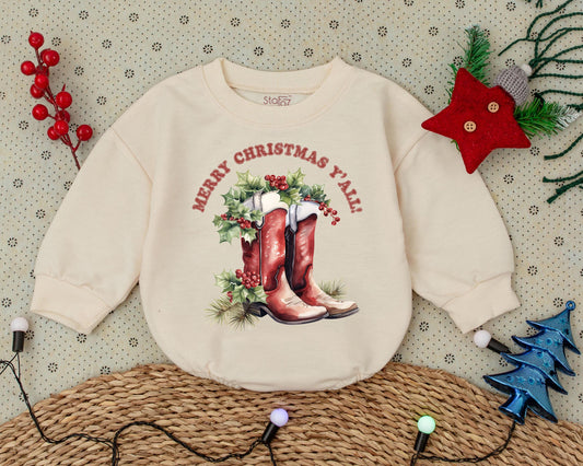 Merry Christmas Y'all Baby Bubble Romper with Cowboy Boots & Holly Design First Christmas Western Toddler Outfit Rustic Watercolor Style Gift