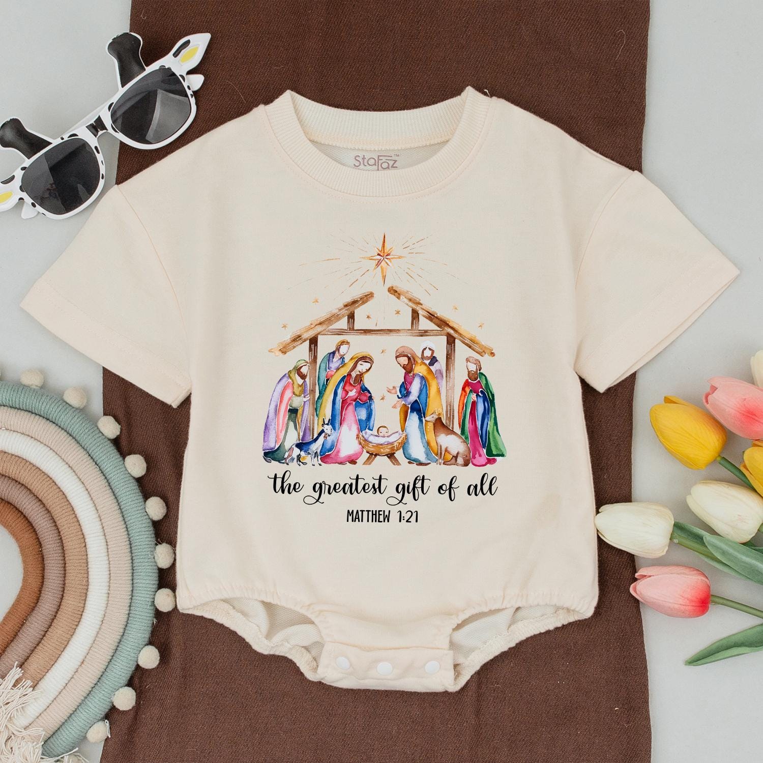 Watercolor Nativity Matching Family Christmas Shirts Greatest Gift Soft Tee  Religious Newborn Clothes Gentle Holiday Outfit Matthew 1:21 Christian Gift