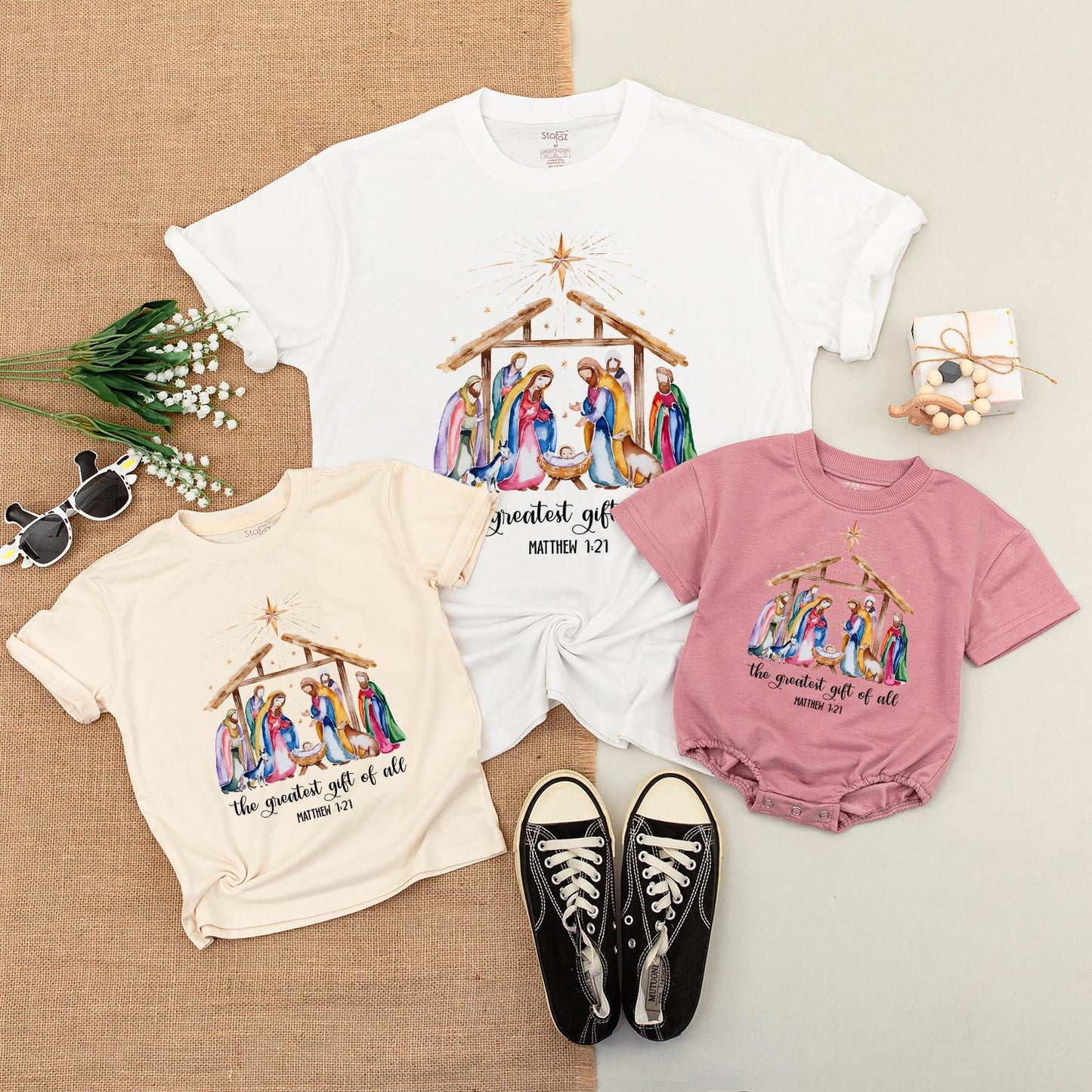 Watercolor Nativity Matching Family Christmas Shirts Greatest Gift Soft Tee  Religious Newborn Clothes Gentle Holiday Outfit Matthew 1:21 Christian Gift