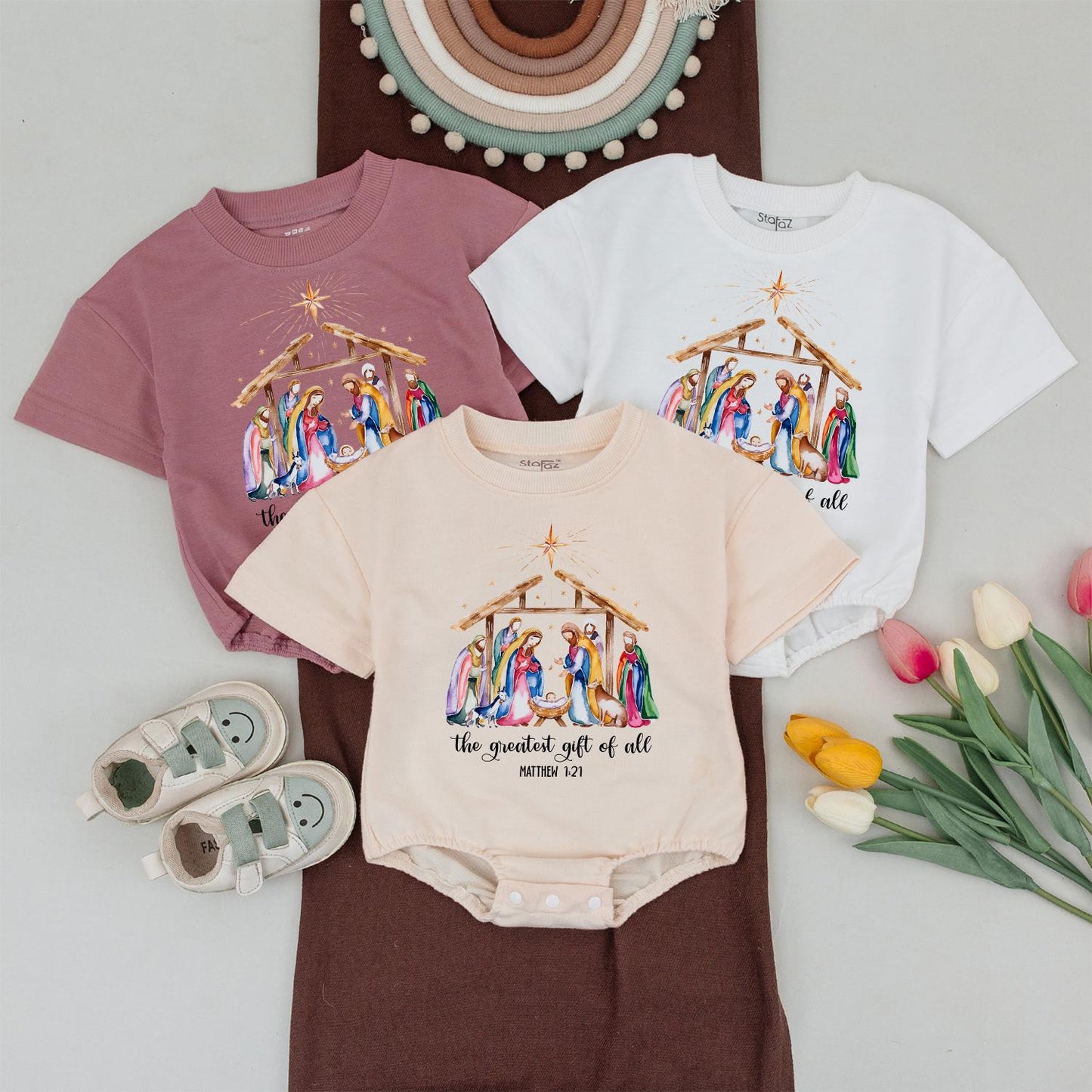 Watercolor Nativity Matching Family Christmas Shirts Greatest Gift Soft Tee  Religious Newborn Clothes Gentle Holiday Outfit Matthew 1:21 Christian Gift