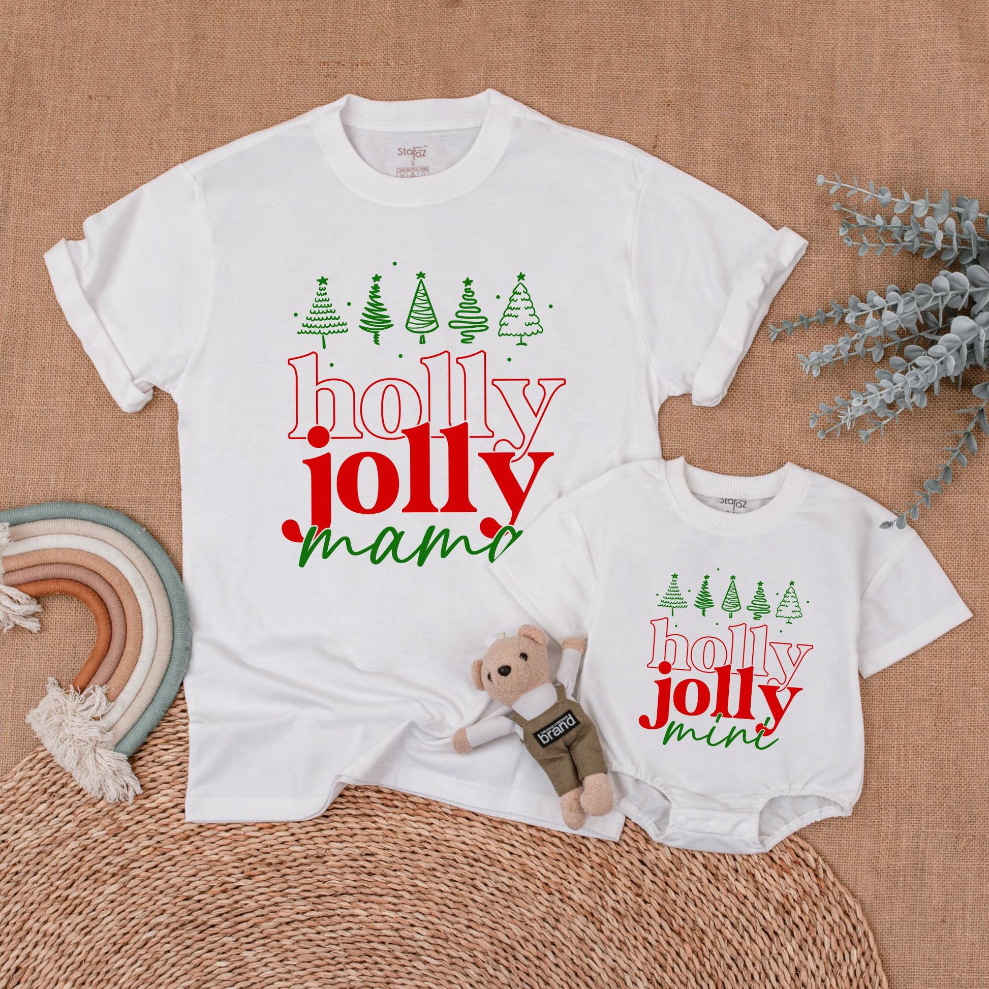 Holly Jolly Family Christmas Shirts with Retro Green Trees for Matching Mama Dada Sister Mini Outfits Holiday Fun First Christmas