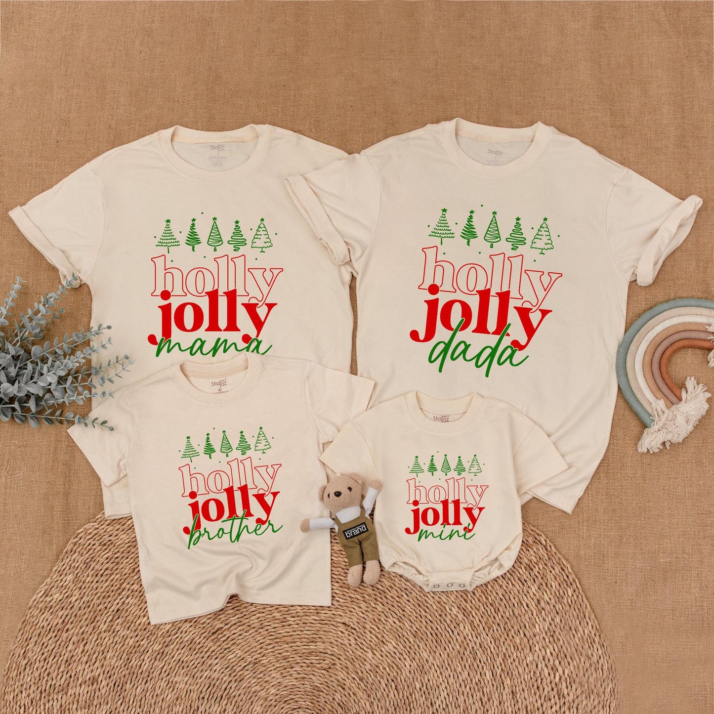 Holly Jolly Family Christmas Shirts with Retro Green Trees for Matching Mama Dada Sister Mini Outfits Holiday Fun First Christmas