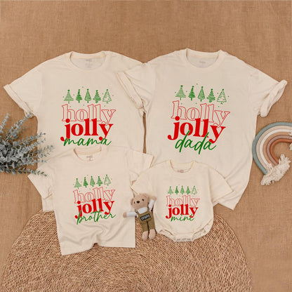 Holly Jolly Family Christmas Shirts with Retro Green Trees for Matching Mama Dada Sister Mini Outfits Holiday Fun First Christmas