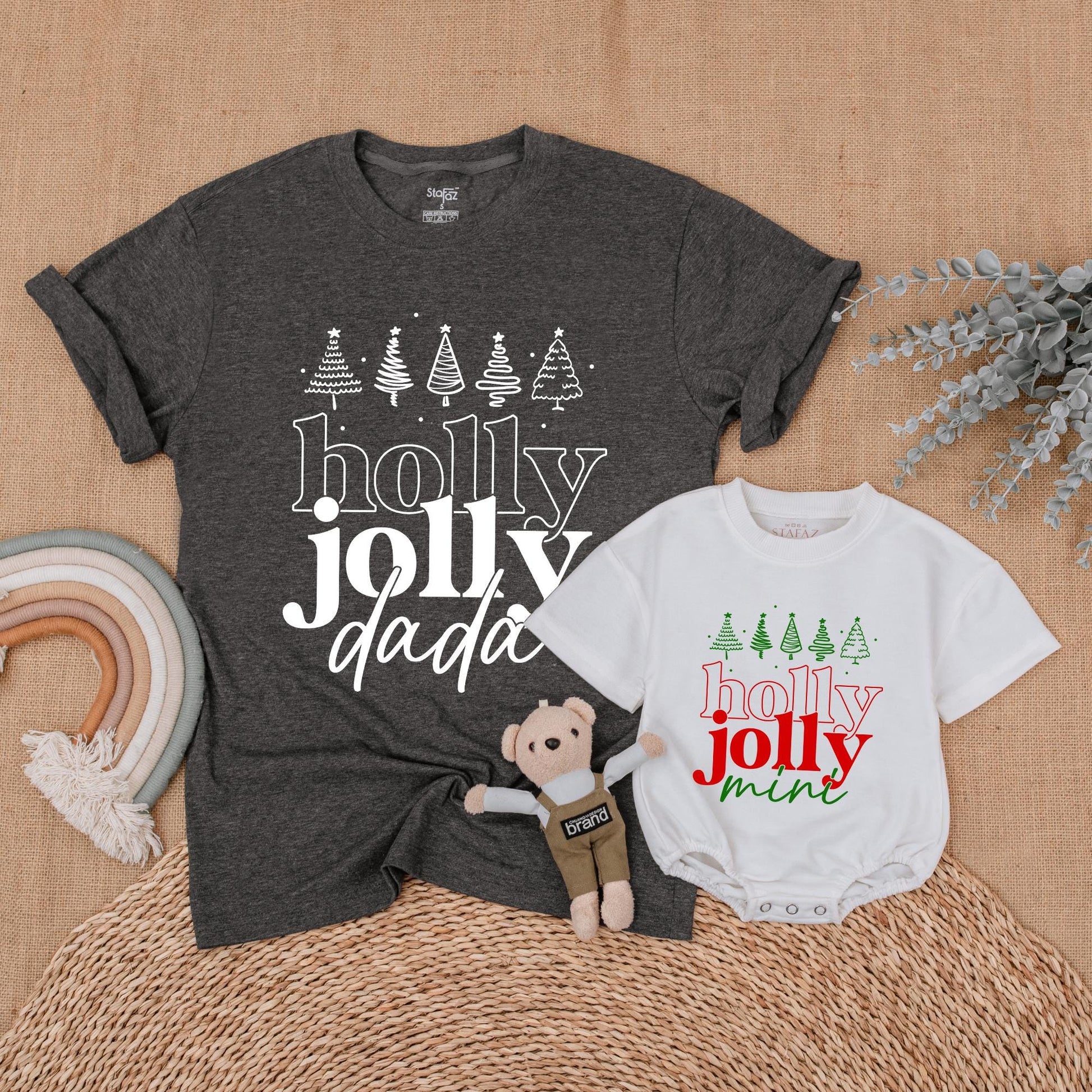 Holly Jolly Family Christmas Shirts with Retro Green Trees for Matching Mama Dada Sister Mini Outfits Holiday Fun First Christmas