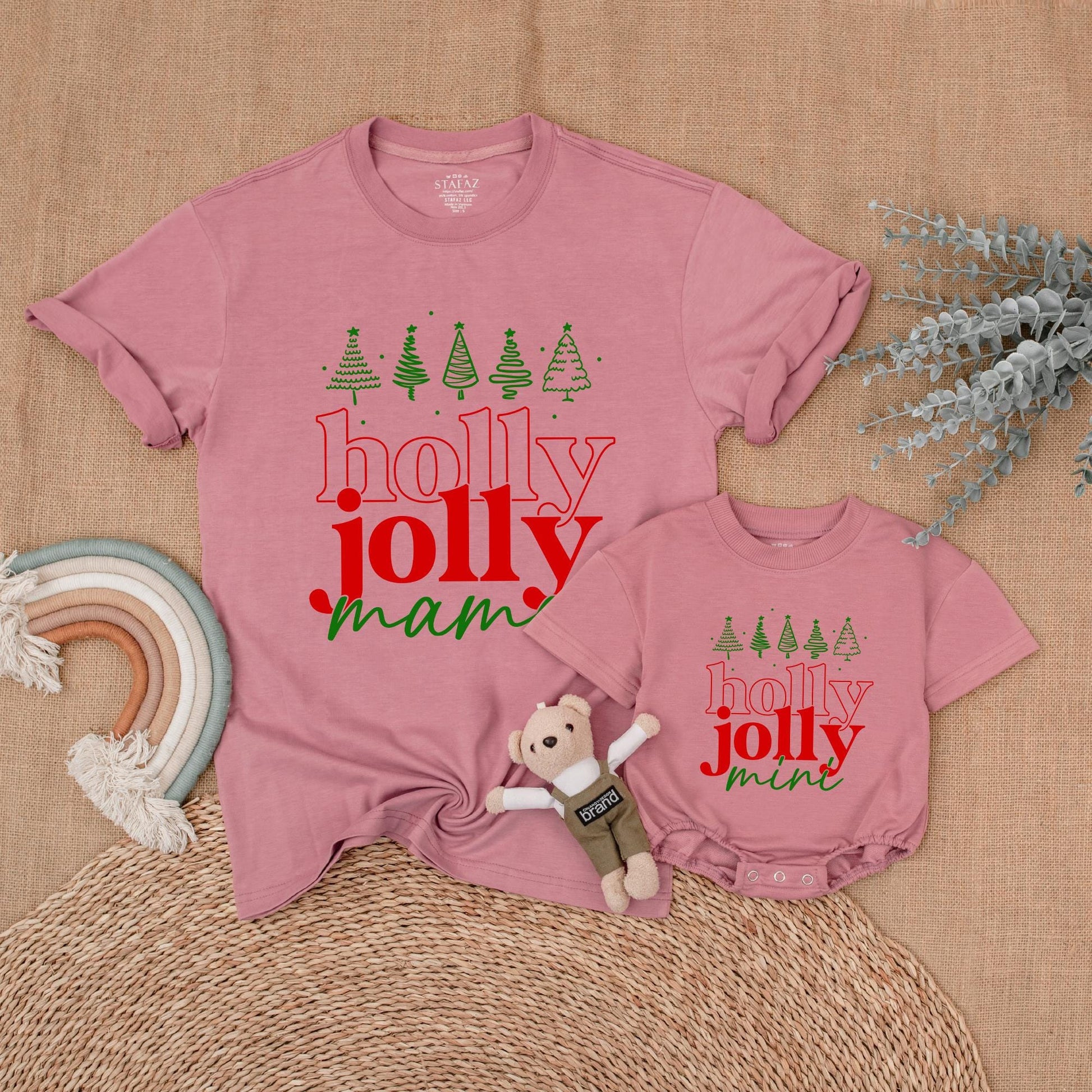 Holly Jolly Family Christmas Shirts with Retro Green Trees for Matching Mama Dada Sister Mini Outfits Holiday Fun First Christmas