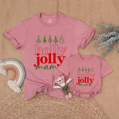 Holly Jolly Family Christmas Shirts with Retro Green Trees for Matching Mama Dada Sister Mini Outfits Holiday Fun First Christmas