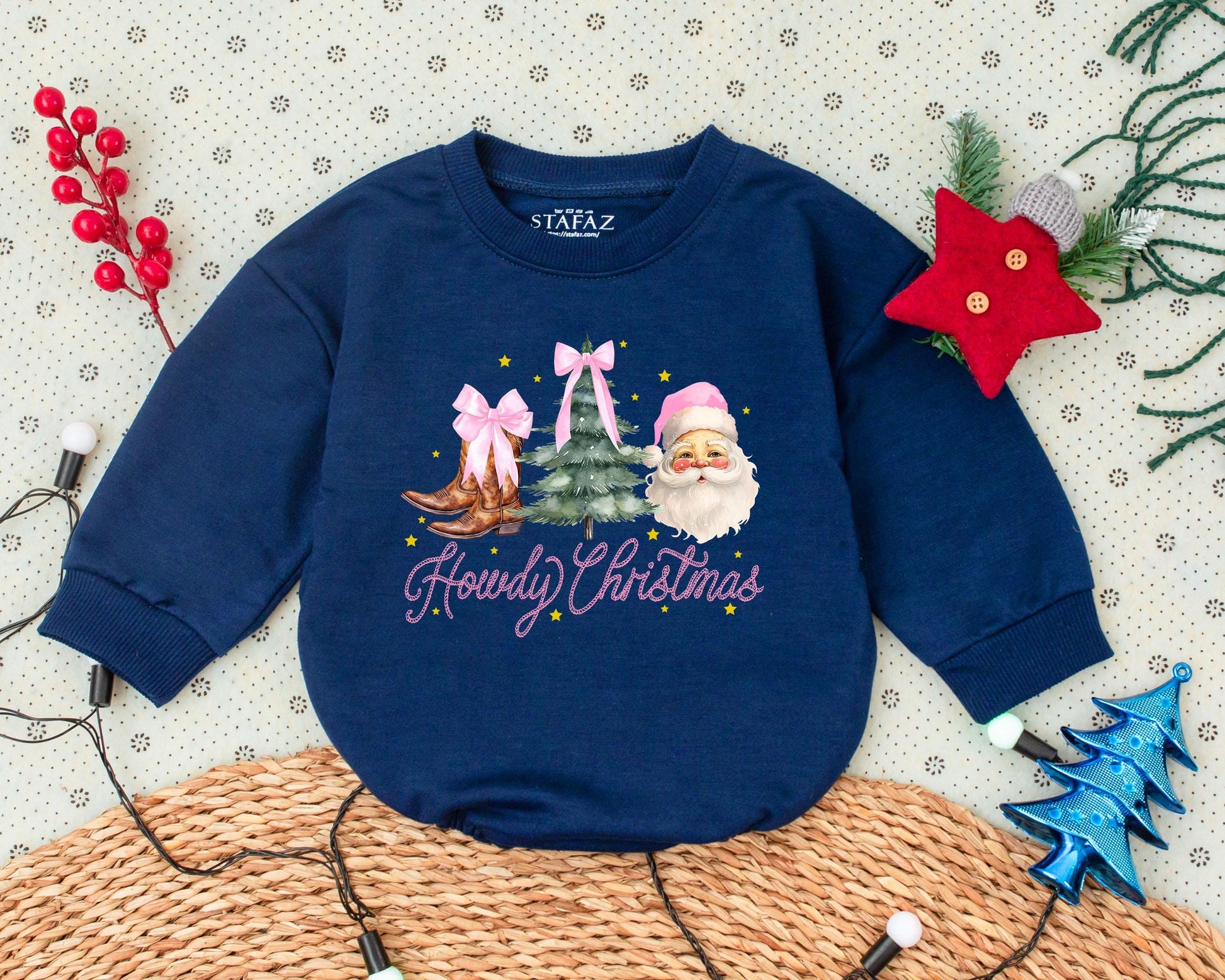 Howdy Christmas Baby Romper Western Pink Christmas Tree Design First Christmas Clothes Toddler Sweatshirt Baby Shower Gift Retro Whimsical Outfit