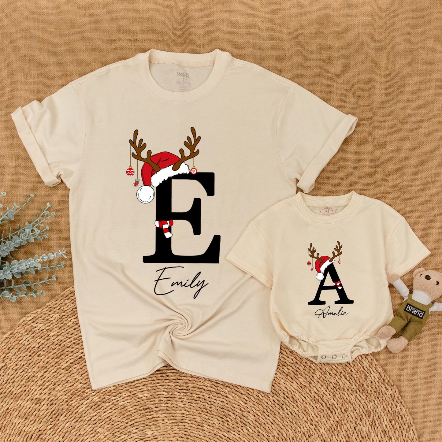 Custom Matching Family Christmas Shirts with Santa Hat Antler Initial & Name Festive Holiday Outfits Baby Toddler Kids Adults