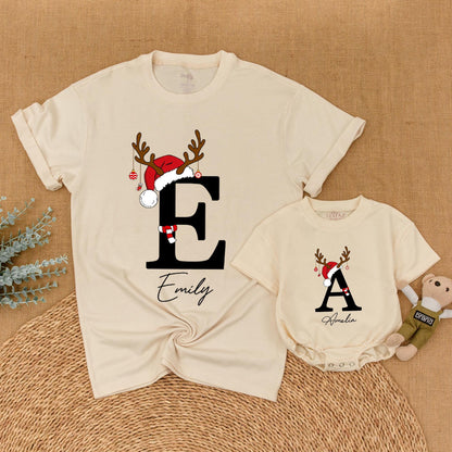 Custom Matching Family Christmas Shirts with Santa Hat Antler Initial & Name Festive Holiday Outfits Baby Toddler Kids Adults