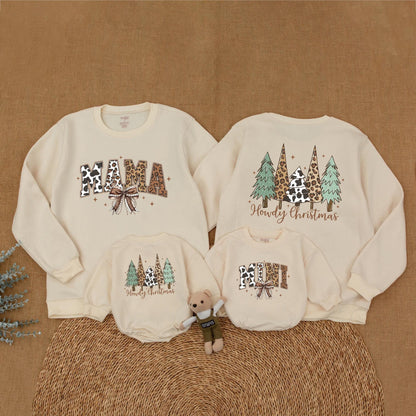 Personalized Howdy Christmas Mama and Mini Western Matching Sweatshirt with Cow Print Leopard Accents Rustic Bow Christmas Family