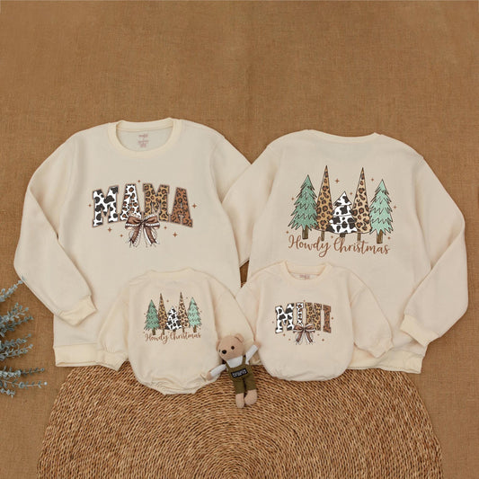 Personalized Howdy Christmas Mama and Mini Western Matching Sweatshirt with Cow Print Leopard Accents Rustic Bow Christmas Family