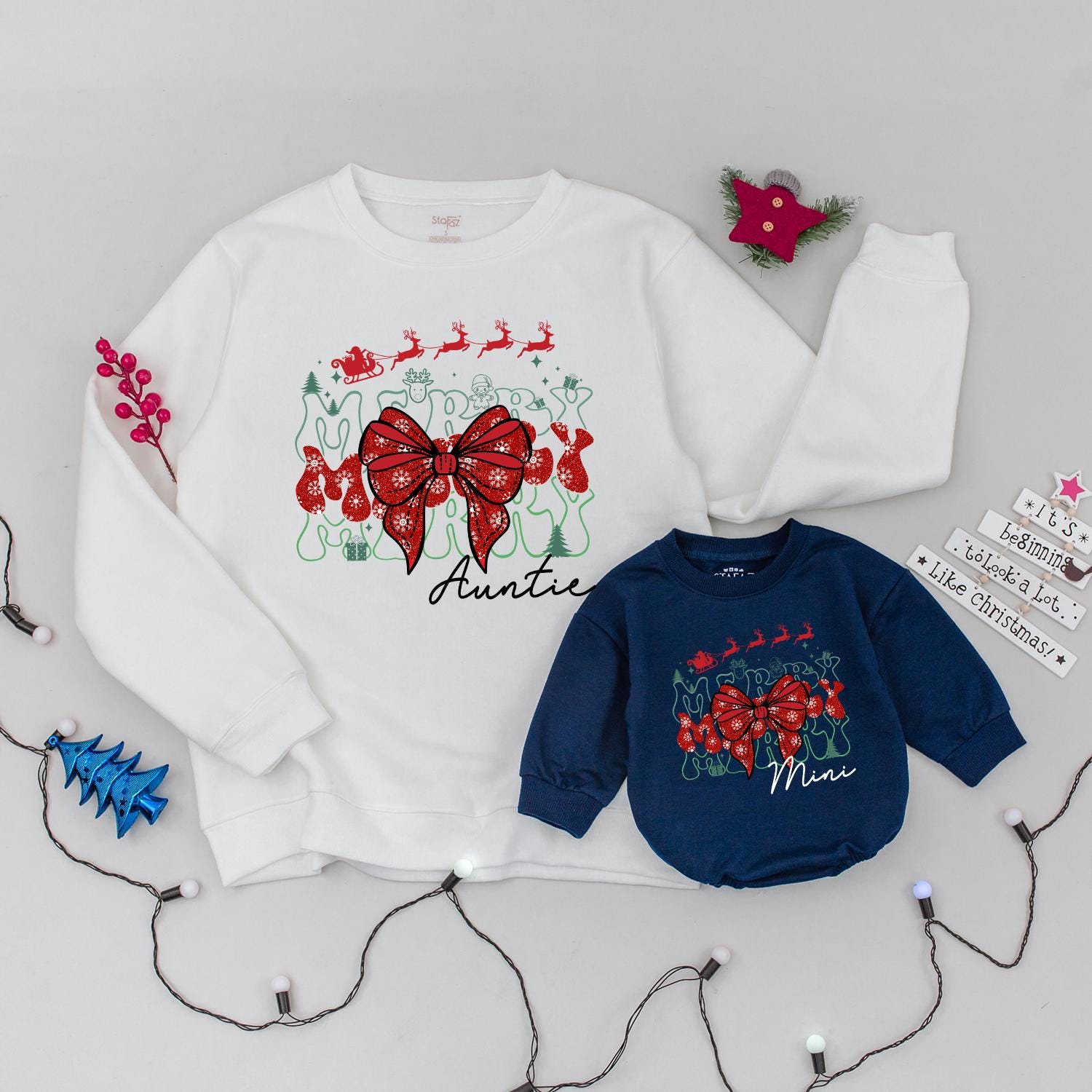 Merry Auntie and Mini Christmas Sweatshirt Set, Whimsical Reindeer Sleigh Matching Family Outfit, Holiday Bow, Soft Cotton Gift for Aunt, Baby Xmas (138 chars)