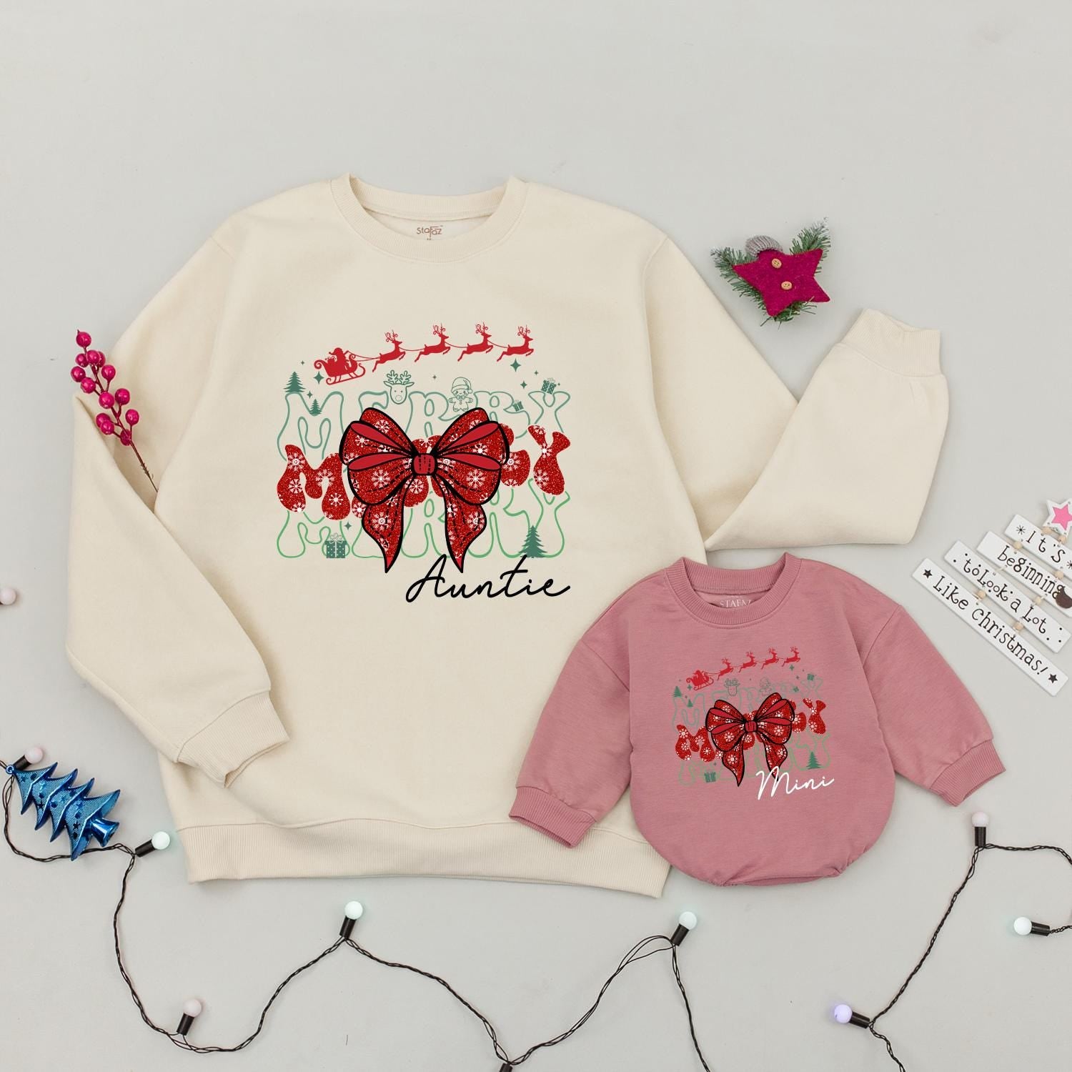 Merry Auntie and Mini Christmas Sweatshirt Set, Whimsical Reindeer Sleigh Matching Family Outfit, Holiday Bow, Soft Cotton Gift for Aunt, Baby Xmas (138 chars)