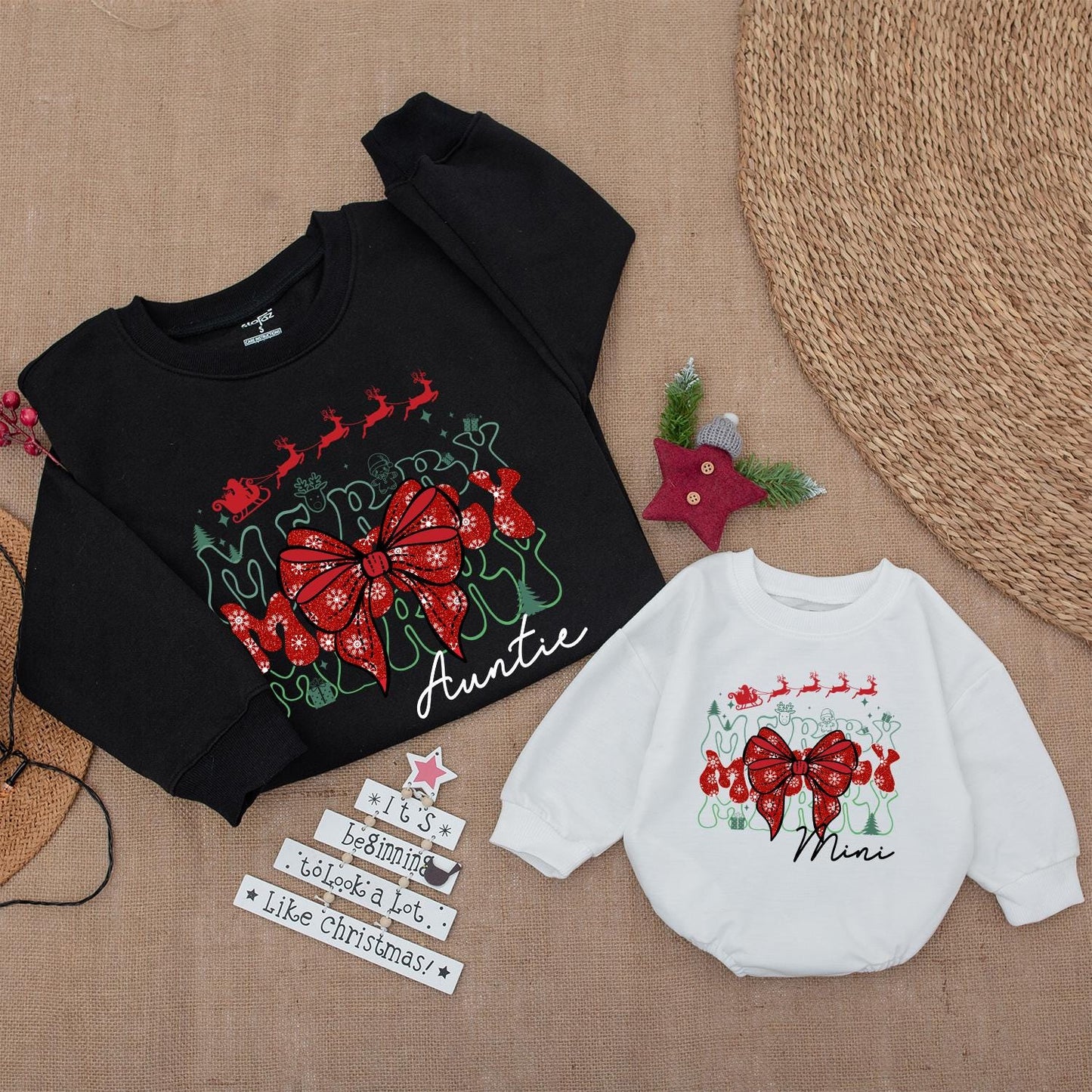 Merry Auntie and Mini Christmas Sweatshirt Set, Whimsical Reindeer Sleigh Matching Family Outfit, Holiday Bow, Soft Cotton Gift for Aunt, Baby Xmas (138 chars)