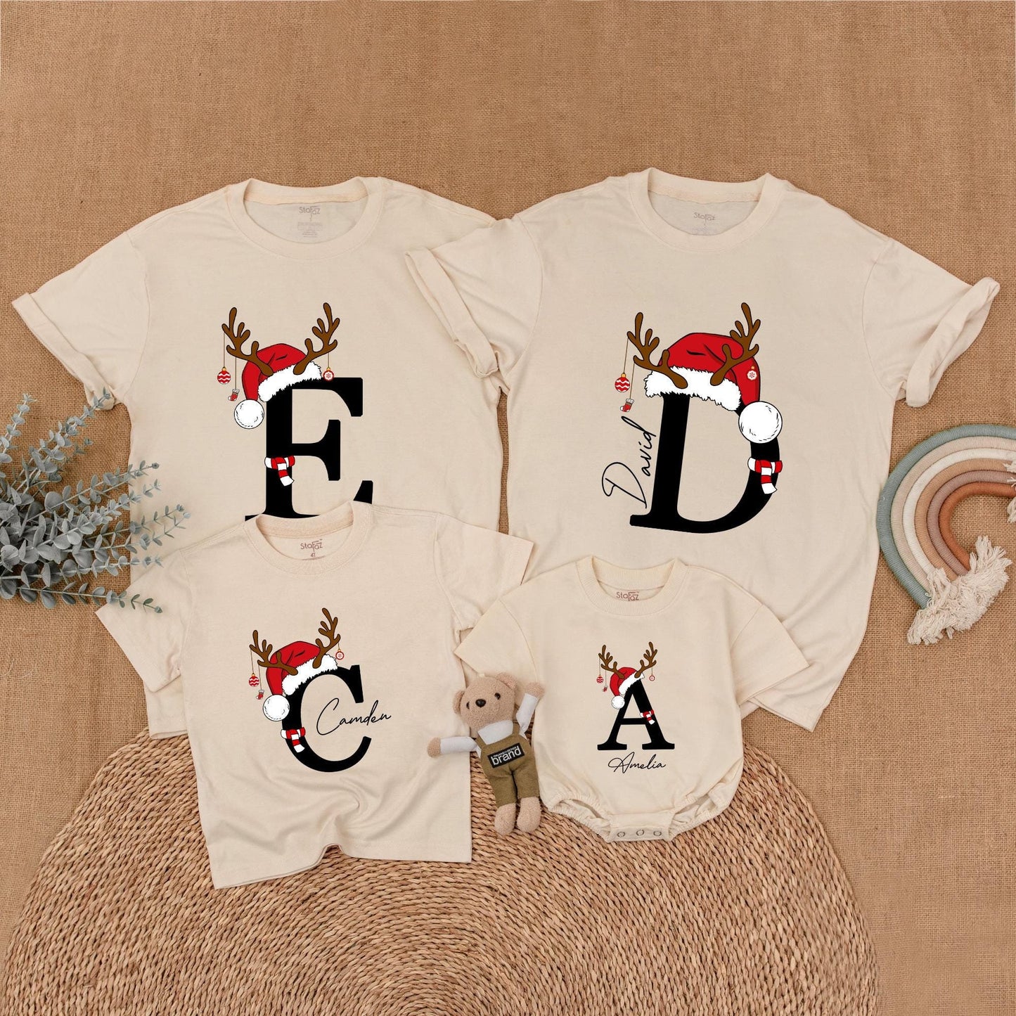 Custom Matching Family Christmas Shirts with Santa Hat Antler Initial & Name Festive Holiday Outfits Baby Toddler Kids Adults