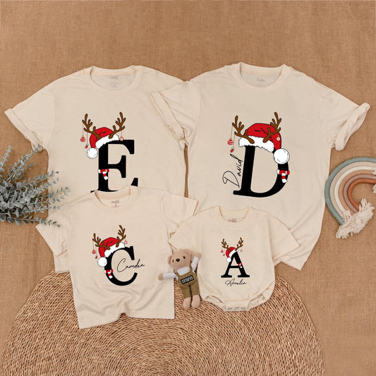 Custom Matching Family Christmas Shirts with Santa Hat Antler Initial & Name Festive Holiday Outfits Baby Toddler Kids Adults