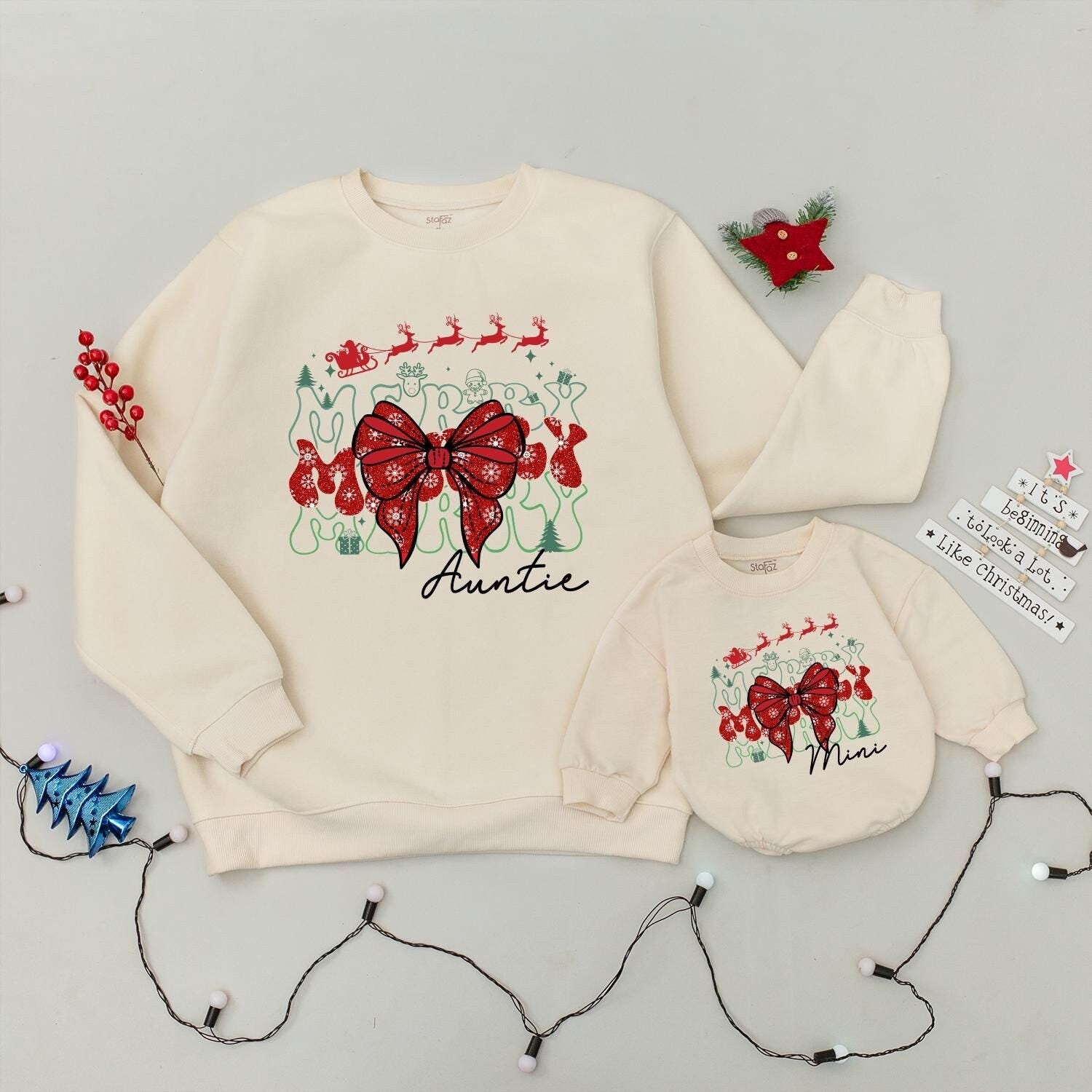 Merry Auntie and Mini Christmas Sweatshirt Set, Whimsical Reindeer Sleigh Matching Family Outfit, Holiday Bow, Soft Cotton Gift for Aunt, Baby Xmas (138 chars)