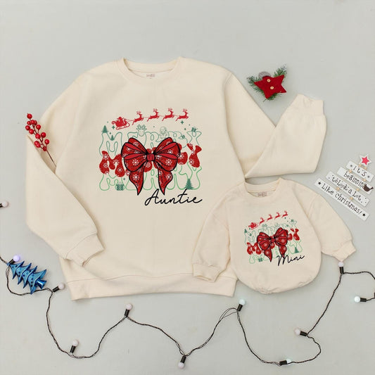 Merry Auntie and Mini Christmas Sweatshirt Set, Whimsical Reindeer Sleigh Matching Family Outfit, Holiday Bow, Soft Cotton Gift for Aunt, Baby Xmas (138 chars)