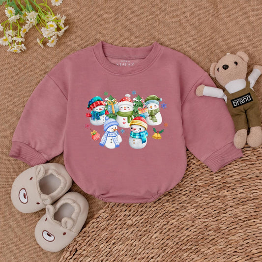 Whimsical Christmas Snowman Baby Bubble Romper Adorable Winter Holiday Infant Bodysuit Outfit Festive Cartoon Snowmen Graphics