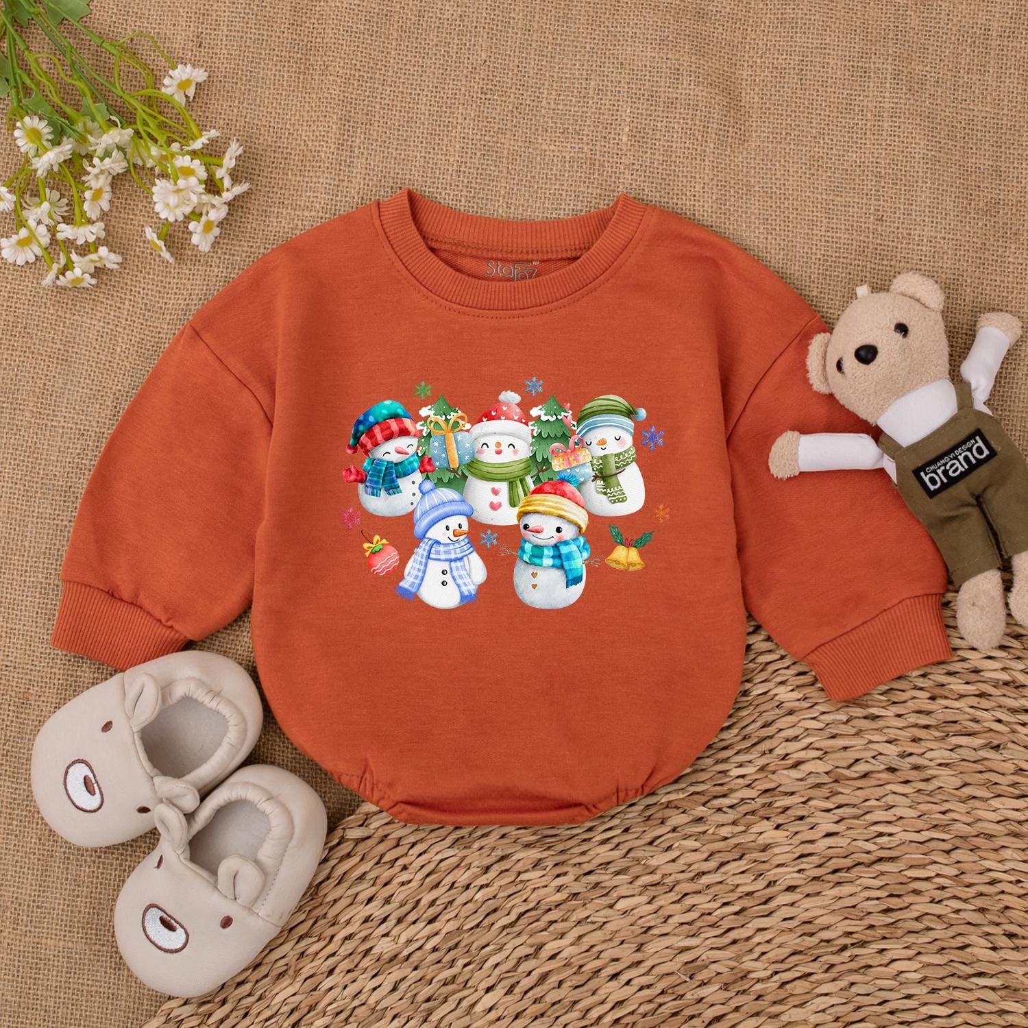 Whimsical Christmas Snowman Baby Bubble Romper Adorable Winter Holiday Infant Bodysuit Outfit Festive Cartoon Snowmen Graphics