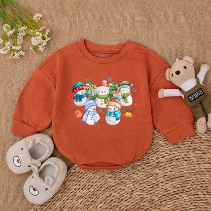 Whimsical Christmas Snowman Baby Bubble Romper Adorable Winter Holiday Infant Bodysuit Outfit Festive Cartoon Snowmen Graphics