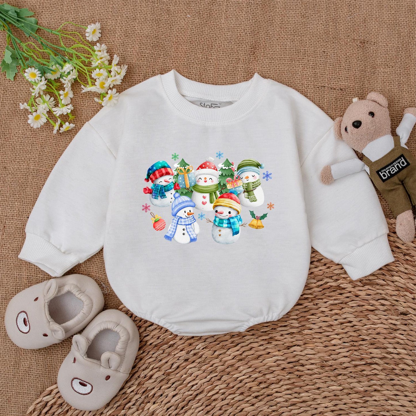 Whimsical Christmas Snowman Baby Bubble Romper Adorable Winter Holiday Infant Bodysuit Outfit Festive Cartoon Snowmen Graphics
