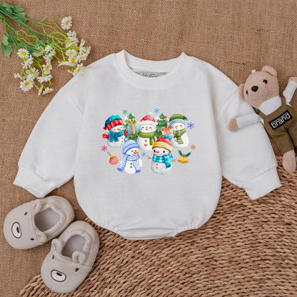 Whimsical Christmas Snowman Baby Bubble Romper Adorable Winter Holiday Infant Bodysuit Outfit Festive Cartoon Snowmen Graphics