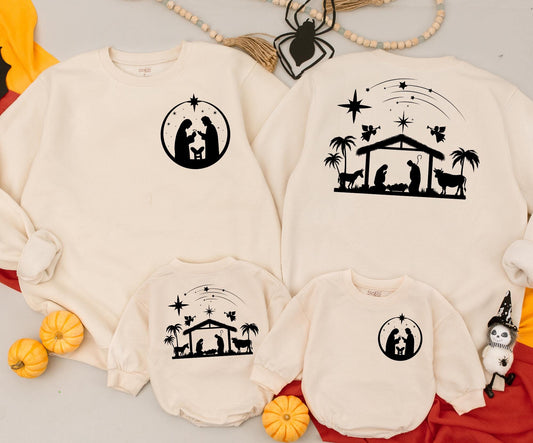 Oh Holy Night Nativity Silhouette Sweatshirt Christian Christmas Jesus Baby Manger Starry Sky Minimalist Religious Holiday Gift