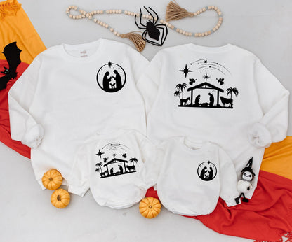 Oh Holy Night Nativity Silhouette Sweatshirt Christian Christmas Jesus Baby Manger Starry Sky Minimalist Religious Holiday Gift