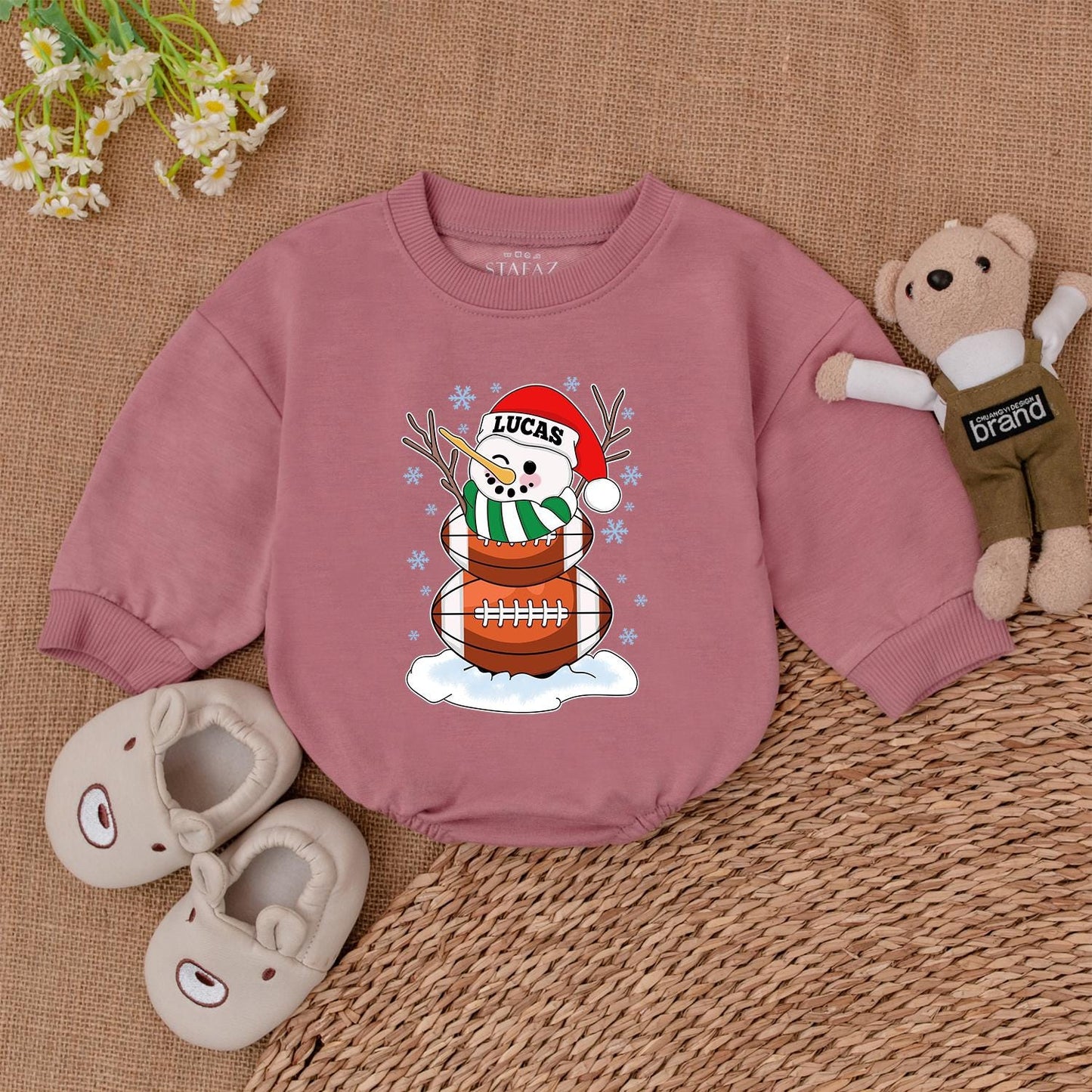Personalized Lucas Football Snowman Christmas Baby Bodysuit with Blue Snowflakes, Festive Winter Outfit and Santa Hat Newborn Gift for Football Lovers