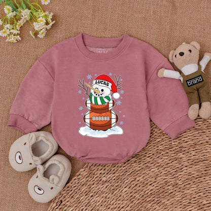 Personalized Lucas Football Snowman Christmas Baby Bodysuit with Blue Snowflakes, Festive Winter Outfit and Santa Hat Newborn Gift for Football Lovers